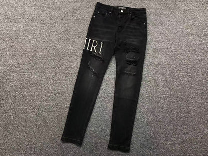 Calça AMIRI Logo Destroyed Black Denim