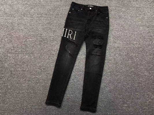 Calça AMIRI Logo Destroyed Black Denim