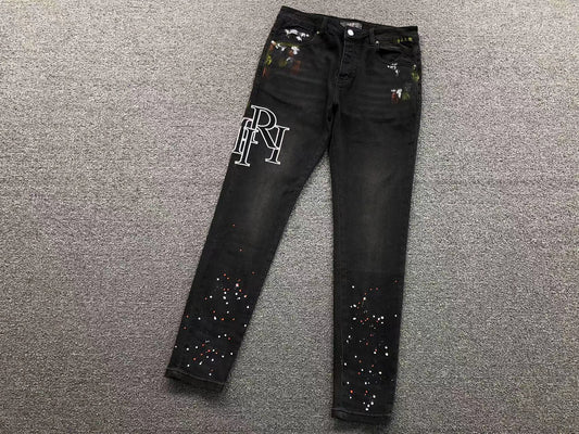 Calça AMIRI Logo Paint Splatter Black Denim