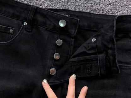 Calça AMIRI Logo Destroyed Black Denim