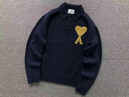 Suéter Polo AMI Paris Coração Dourado