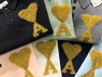 Suéter Polo AMI Paris Coração Dourado