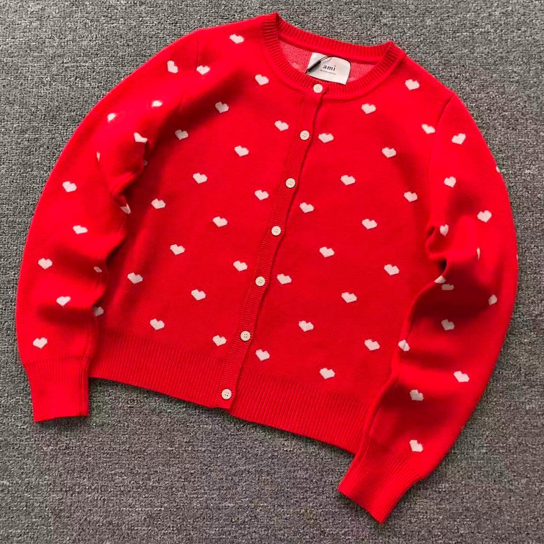 Suéter Cardigan AMI Paris Heart Pattern Vermelho Feminino