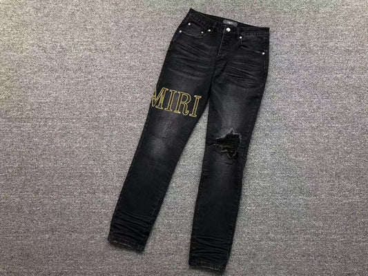 Calça AMIRI Gold Logo Black Denim