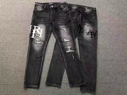 Calça AMIRI Tonal Logo Black Destroyed Denim