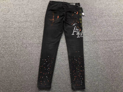 Calça AMIRI Logo Paint Splatter Black Denim
