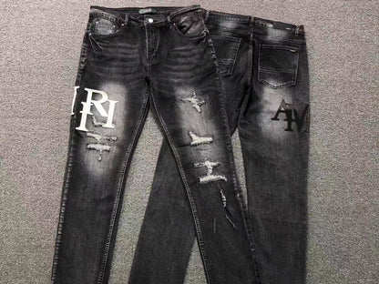 Calça AMIRI Tonal Logo Black Destroyed Denim