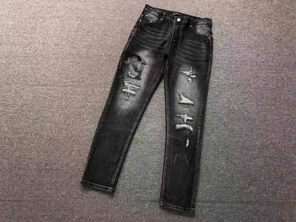 Calça AMIRI Tonal Logo Black Destroyed Denim