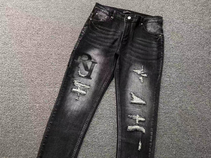 Calça AMIRI Tonal Logo Black Destroyed Denim