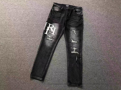 Calça AMIRI Tonal Logo Black Destroyed Denim