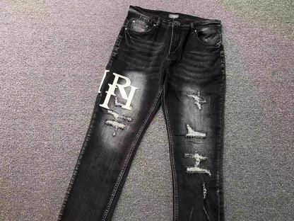 Calça AMIRI Tonal Logo Black Destroyed Denim