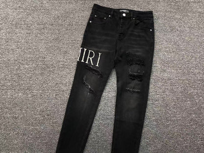 Calça AMIRI Logo Destroyed Black Denim