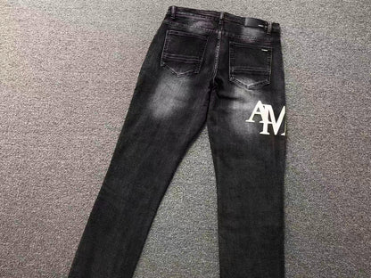 Calça AMIRI Tonal Logo Black Destroyed Denim