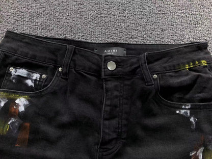 Calça AMIRI Logo Paint Splatter Black Denim