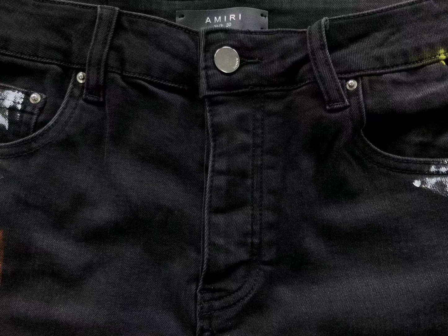 Calça AMIRI Logo Paint Splatter Black Denim