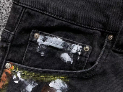 Calça AMIRI Logo Paint Splatter Black Denim